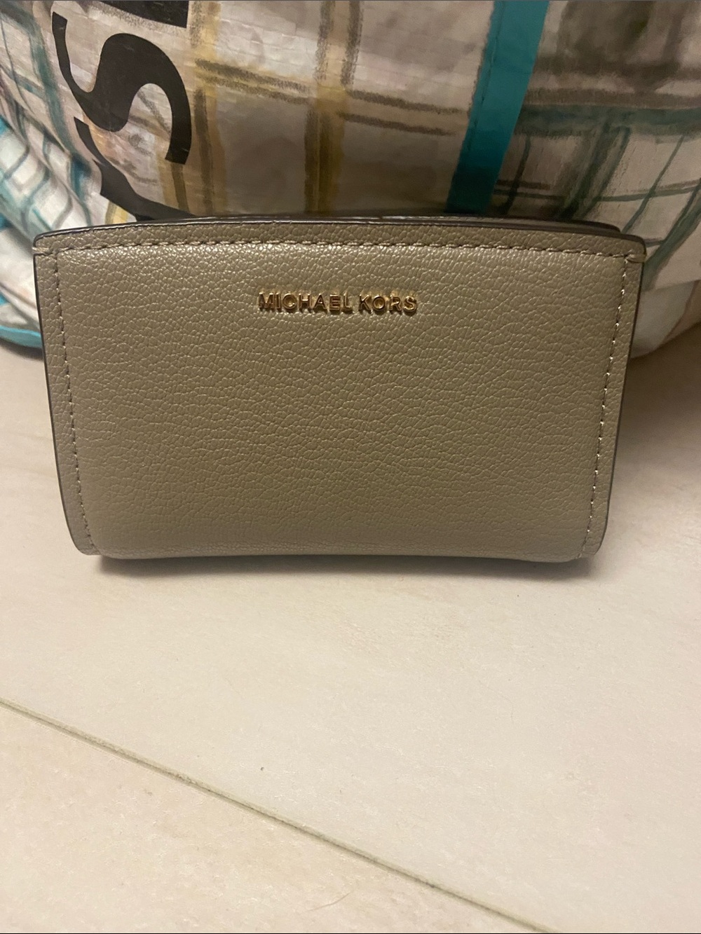 Michael Kors Taupe Leather Compact Wallet with Gold Logo